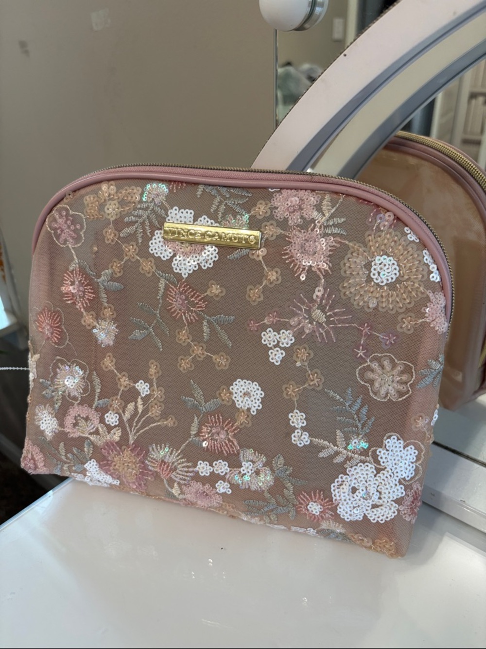 Vince Camuto Pink Sequin Floral Cosmetic Pouch